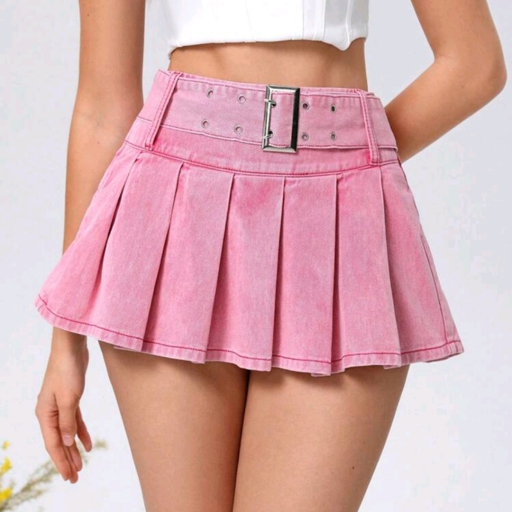 pink pleated denim belt mini skirt